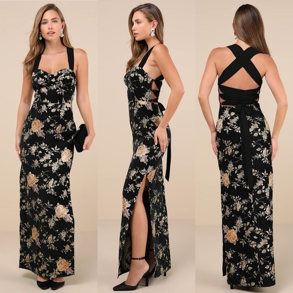 Lulus Dresses & Skirts - Lulu’s Pemberley Black Floral Jacquard Lace-Up Maxi Dress XS